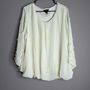 I.N. Studio 3-D Floral Applique Semi Sheer Sleeves Details Cream Blouse Sz 3X